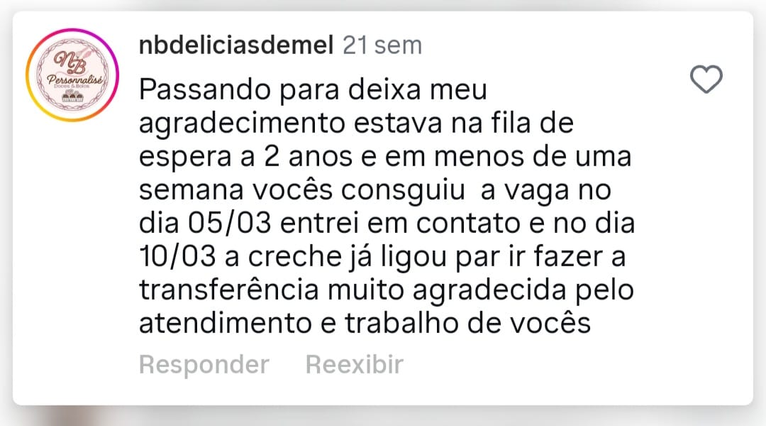 Comentário de mãe atendida pela PROMAE no Instagram