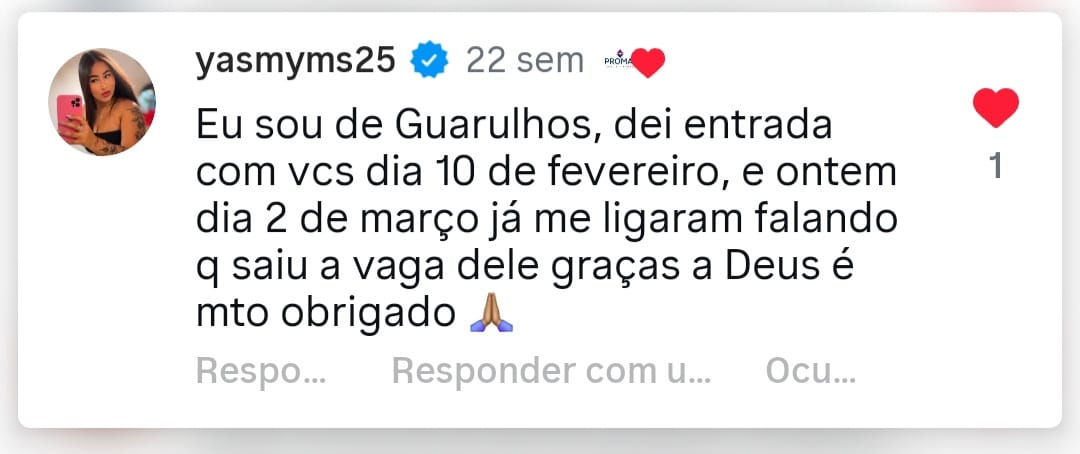 Comentário de mãe atendida pela PROMAE no Instagram