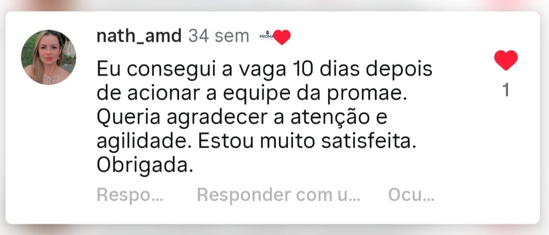 Comentário de mãe atendida pela PROMAE no Instagram